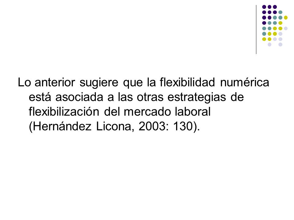 Lo anterior sugiere que la flexibilidad numérica está asociada a las otras estrategias de flexibilización del mercado laboral (Hernández Licona, 2003: 130).