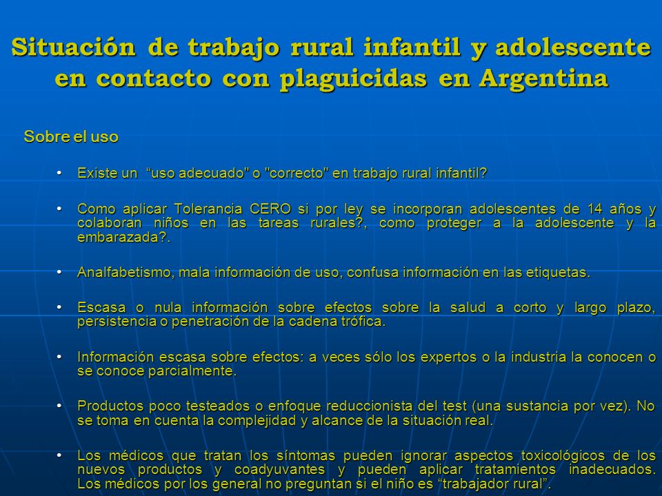 Situación de trabajo rural infantil y adolescente en contacto con plaguicidas en Argentina