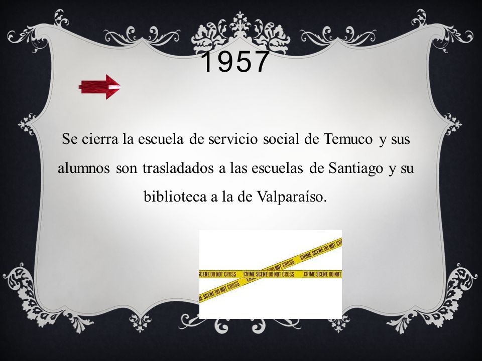 1957 Se cierra la escuela de servicio social de Temuco y sus alumnos son trasladados a las escuelas de Santiago y su biblioteca a la de Valparaíso.