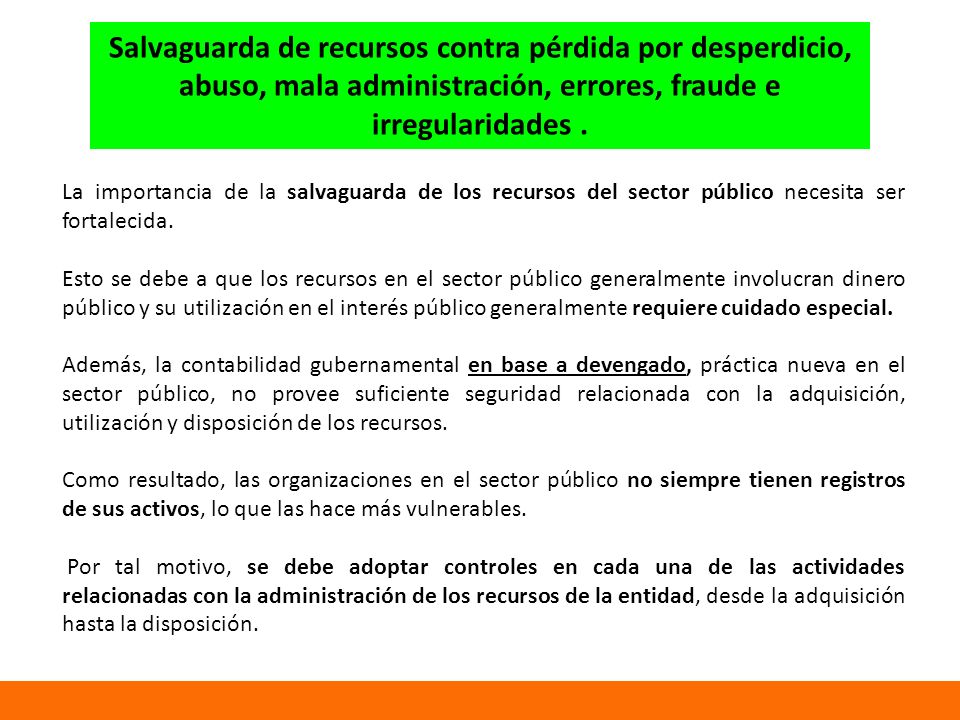 Salvaguarda de recursos contra pérdida por desperdicio, abuso, mala administración, errores, fraude e irregularidades .
