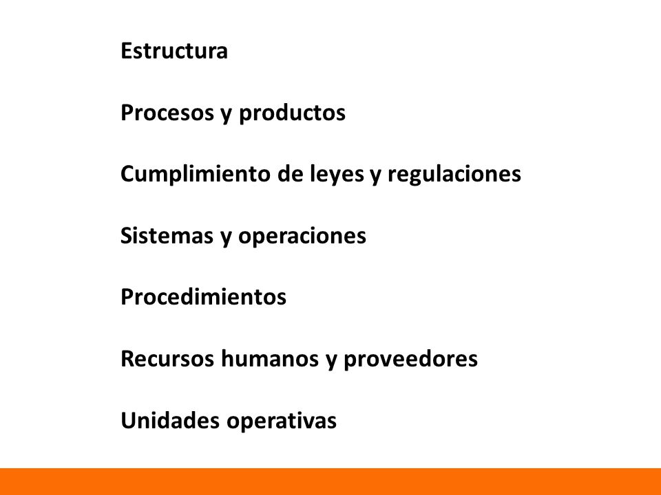 Estructura Procesos y productos. Cumplimiento de leyes y regulaciones. Sistemas y operaciones. Procedimientos.
