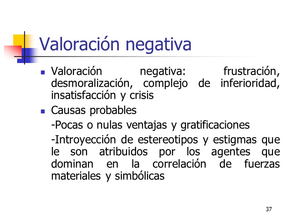 Valoración negativa Valoración negativa: frustración, desmoralización, complejo de inferioridad, insatisfacción y crisis.