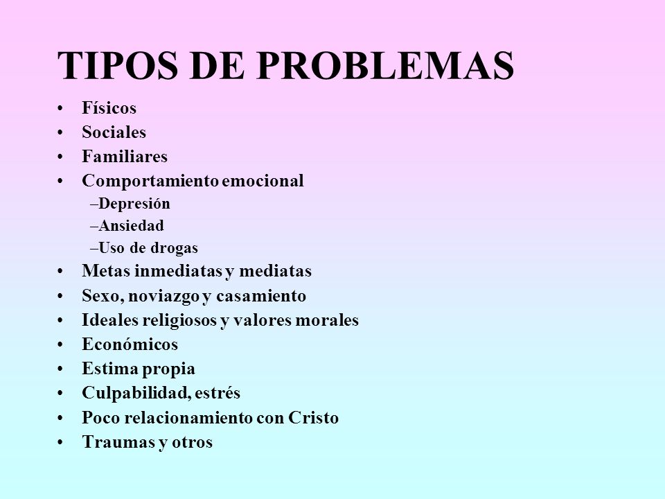 TIPOS DE PROBLEMAS Físicos Sociales Familiares