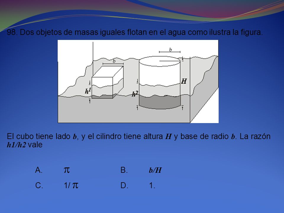 98. Dos objetos de masas iguales flotan en el agua como ilustra la figura.