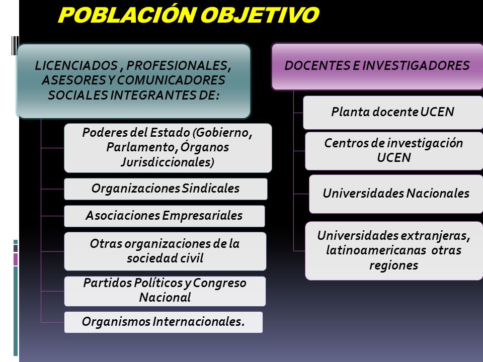 POBLACIÓN OBJETIVO LICENCIADOS , PROFESIONALES, ASESORES Y COMUNICADORES SOCIALES INTEGRANTES DE: