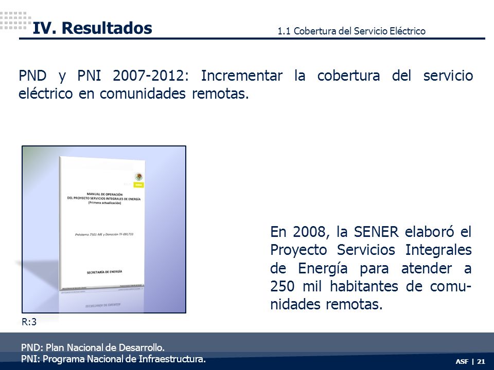 IV. Resultados 1.1 Cobertura del Servicio Eléctrico. PND y PNI : Incrementar la cobertura del servicio eléctrico en comunidades remotas.