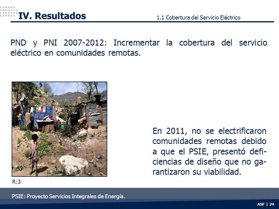 IV. Resultados 1.1 Cobertura del Servicio Eléctrico. PND y PNI : Incrementar la cobertura del servicio eléctrico en comunidades remotas.
