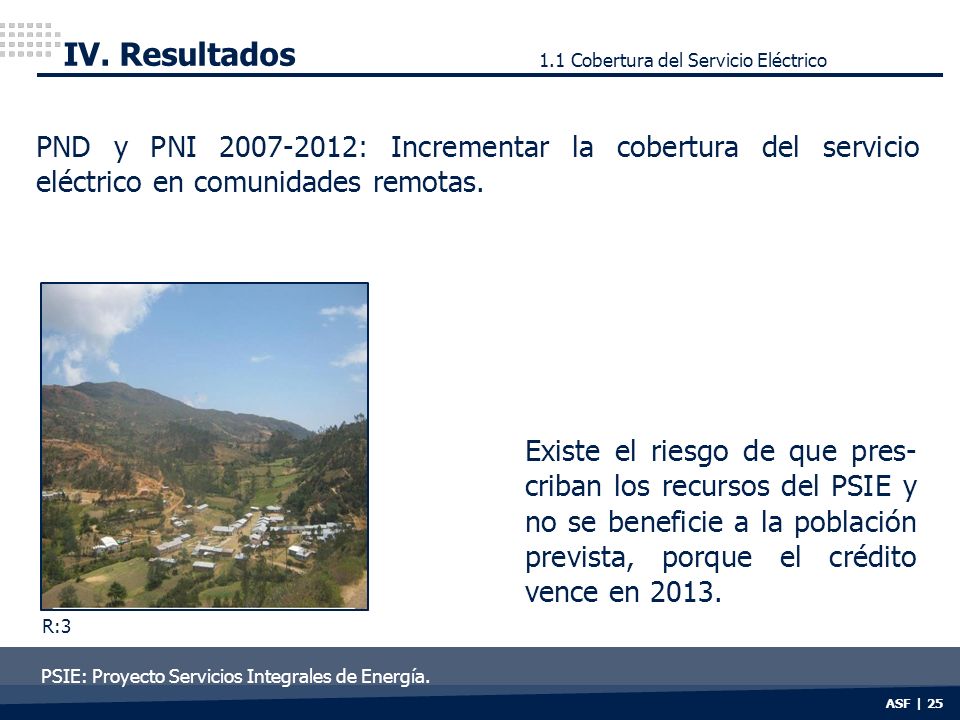IV. Resultados 1.1 Cobertura del Servicio Eléctrico. PND y PNI : Incrementar la cobertura del servicio eléctrico en comunidades remotas.