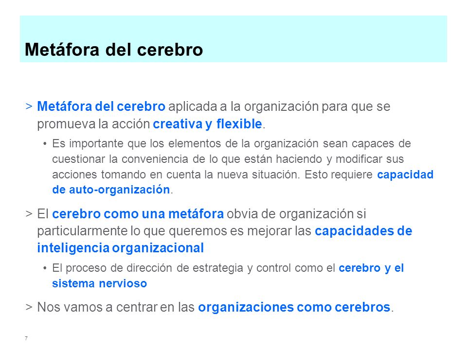 Metáfora del cerebro Metáfora del cerebro aplicada a la organización para que se promueva la acción creativa y flexible.