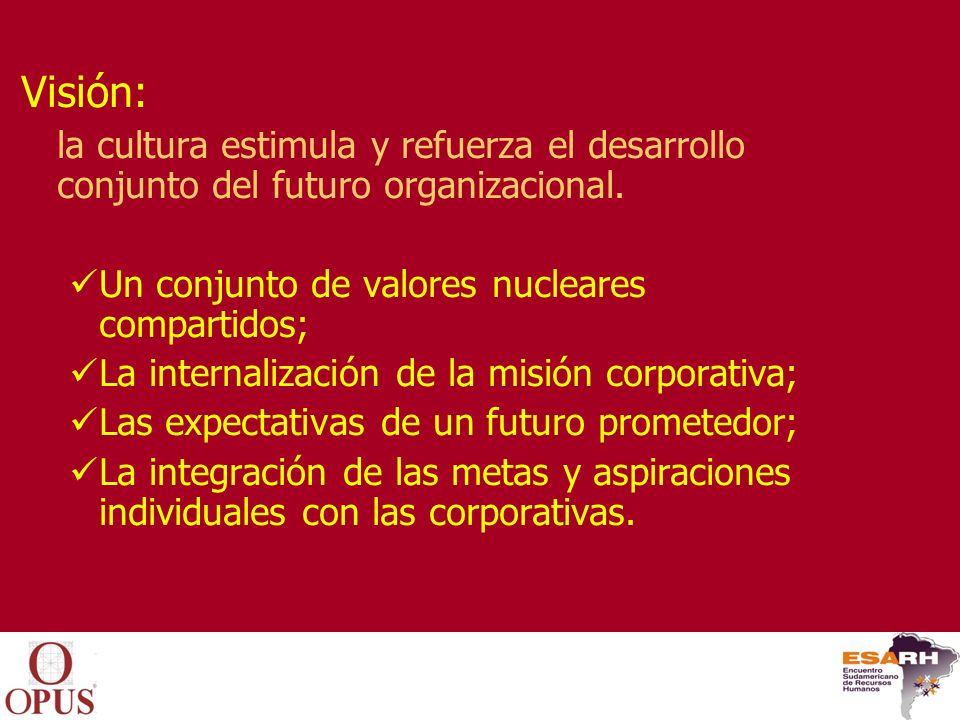 Visión: la cultura estimula y refuerza el desarrollo conjunto del futuro organizacional. Un conjunto de valores nucleares compartidos;