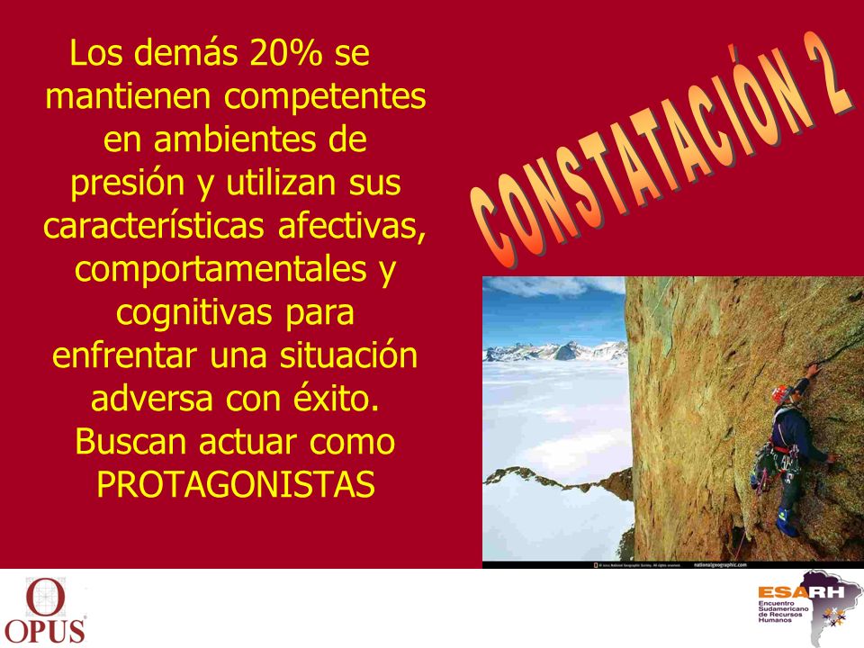 Los demás 20% se mantienen competentes en ambientes de presión y utilizan sus características afectivas, comportamentales y cognitivas para enfrentar una situación adversa con éxito. Buscan actuar como PROTAGONISTAS