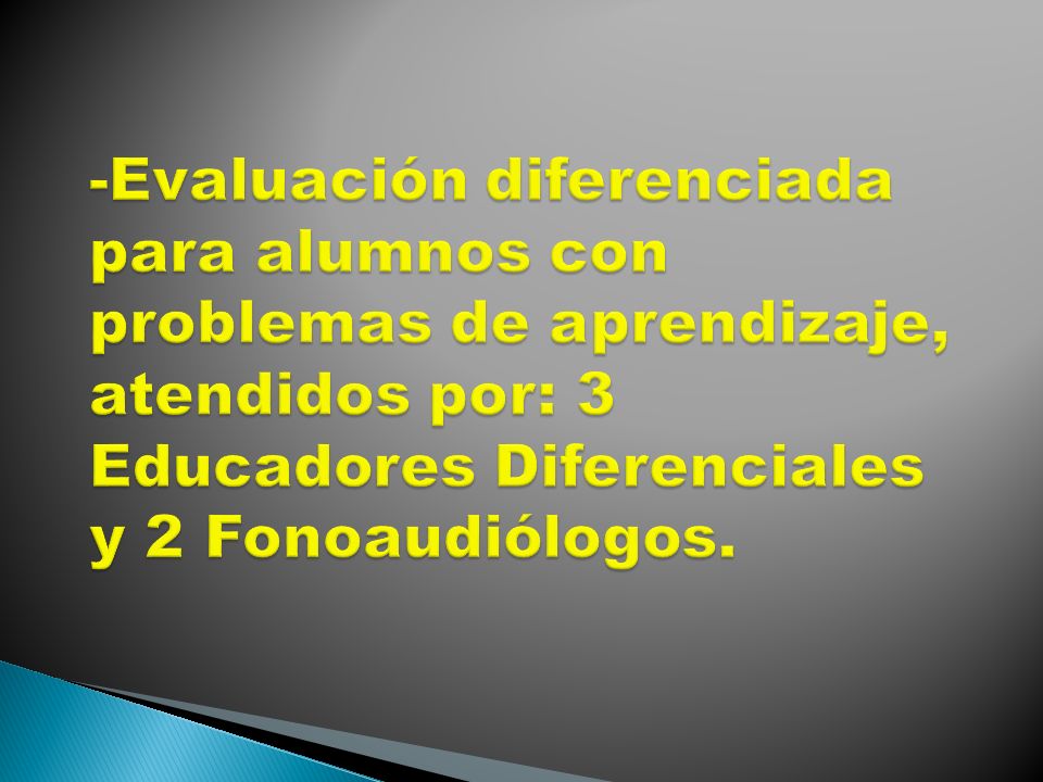 -Evaluación diferenciada para alumnos con problemas de aprendizaje, atendidos por: 3 Educadores Diferenciales y 2 Fonoaudiólogos.