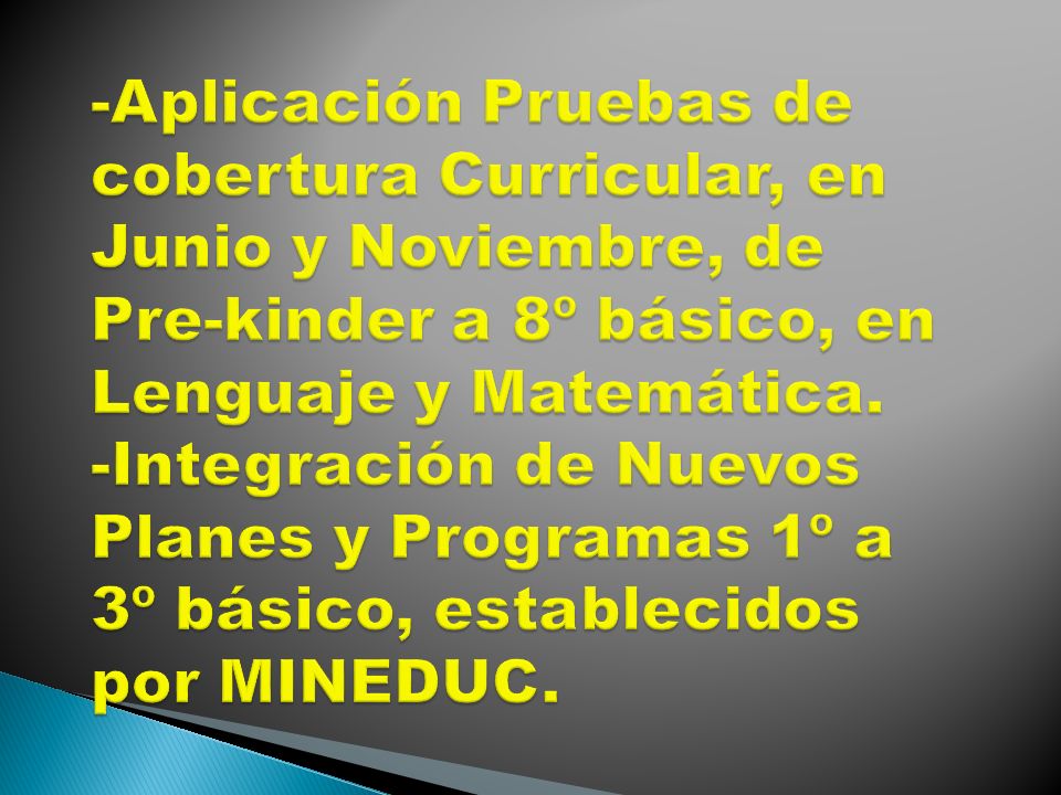 -Aplicación Pruebas de cobertura Curricular, en Junio y Noviembre, de Pre-kinder a 8º básico, en Lenguaje y Matemática.