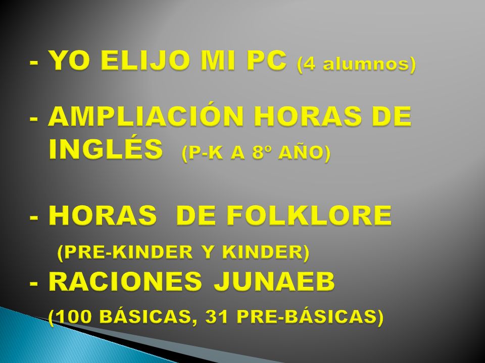 - YO ELIJO MI PC (4 alumnos) - AMPLIACIÓN HORAS DE INGLÉS (P-K A 8º AÑO) - HORAS DE FOLKLORE (PRE-KINDER Y KINDER) - RACIONES JUNAEB (100 BÁSICAS, 31 PRE-BÁSICAS)