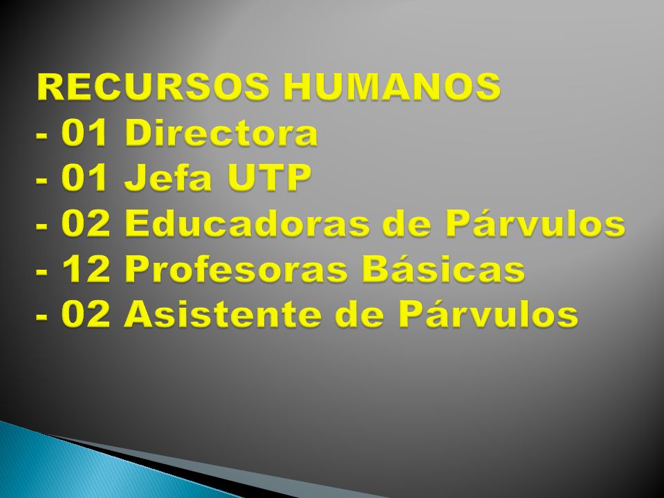 RECURSOS HUMANOS - 01 Directora - 01 Jefa UTP - 02 Educadoras de Párvulos - 12 Profesoras Básicas - 02 Asistente de Párvulos