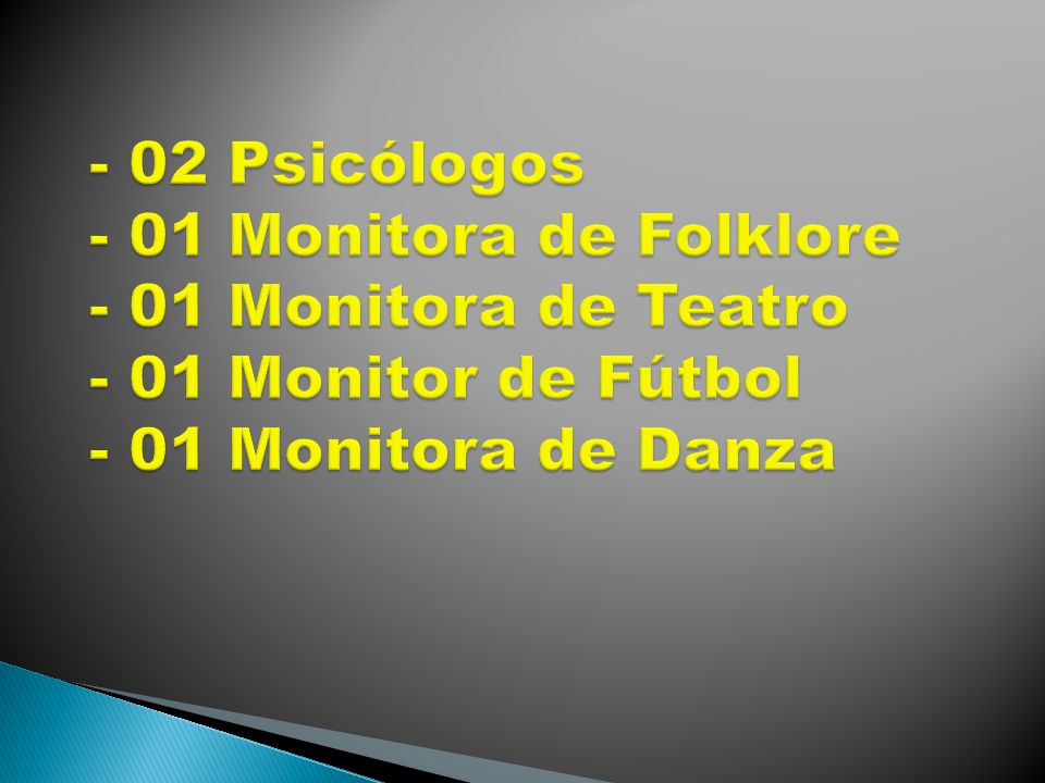 - 02 Psicólogos - 01 Monitora de Folklore - 01 Monitora de Teatro - 01 Monitor de Fútbol - 01 Monitora de Danza