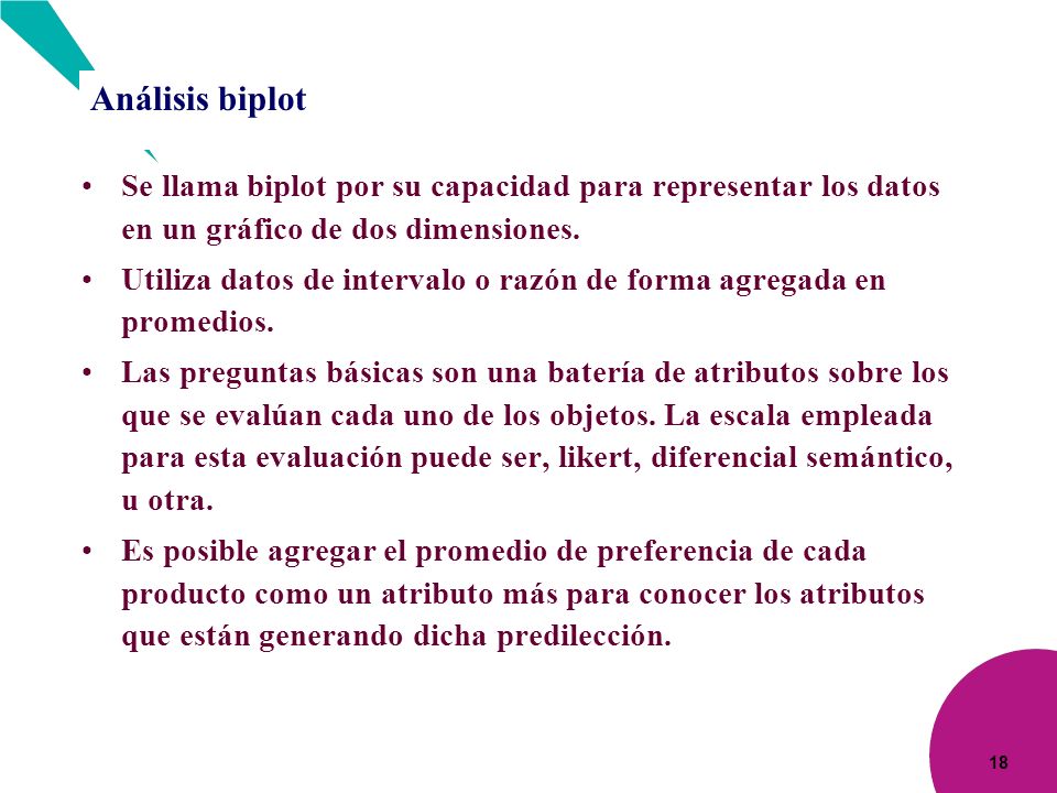 Análisis biplot Se llama biplot por su capacidad para representar los datos en un gráfico de dos dimensiones.