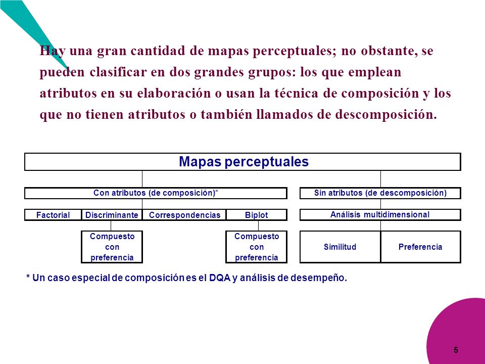 Hay una gran cantidad de mapas perceptuales; no obstante, se pueden clasificar en dos grandes grupos: los que emplean atributos en su elaboración o usan la técnica de composición y los que no tienen atributos o también llamados de descomposición.
