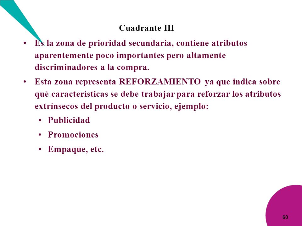 Cuadrante III Es la zona de prioridad secundaria, contiene atributos aparentemente poco importantes pero altamente discriminadores a la compra.