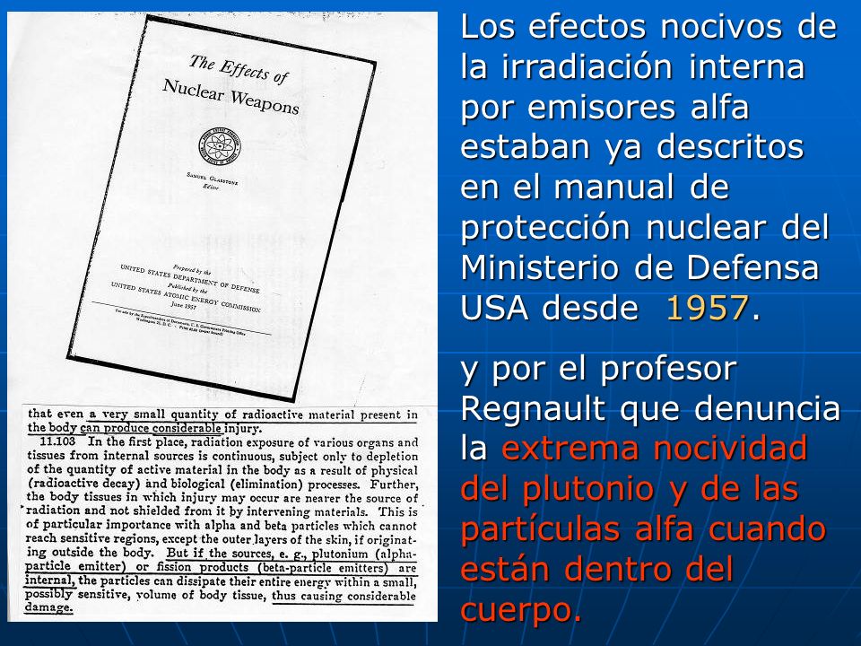 Los efectos nocivos de la irradiación interna por emisores alfa estaban ya descritos en el manual de protección nuclear del Ministerio de Defensa USA desde 1957.
