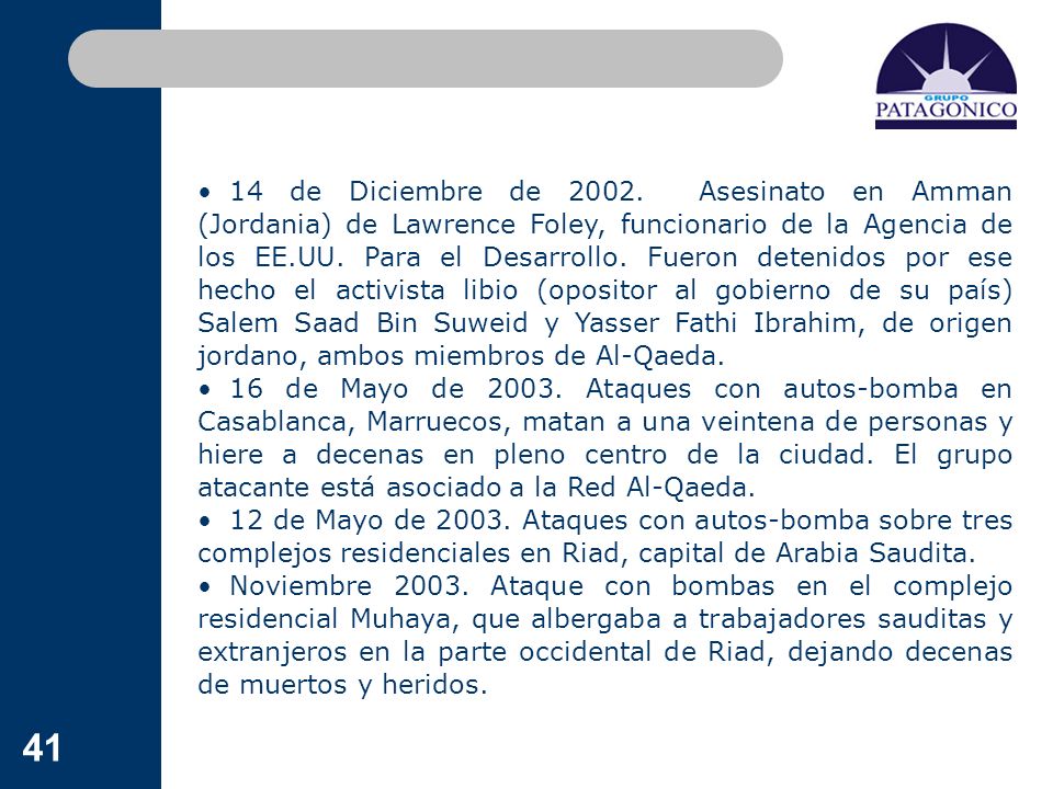 14 de Diciembre de Asesinato en Amman (Jordania) de Lawrence Foley, funcionario de la Agencia de los EE.UU. Para el Desarrollo. Fueron detenidos por ese hecho el activista libio (opositor al gobierno de su país) Salem Saad Bin Suweid y Yasser Fathi Ibrahim, de origen jordano, ambos miembros de Al-Qaeda.