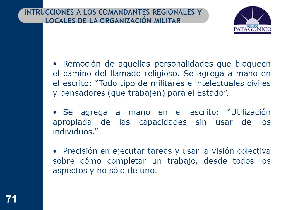 INTRUCCIONES A LOS COMANDANTES REGIONALES Y LOCALES DE LA ORGANIZACIÓN MILITAR