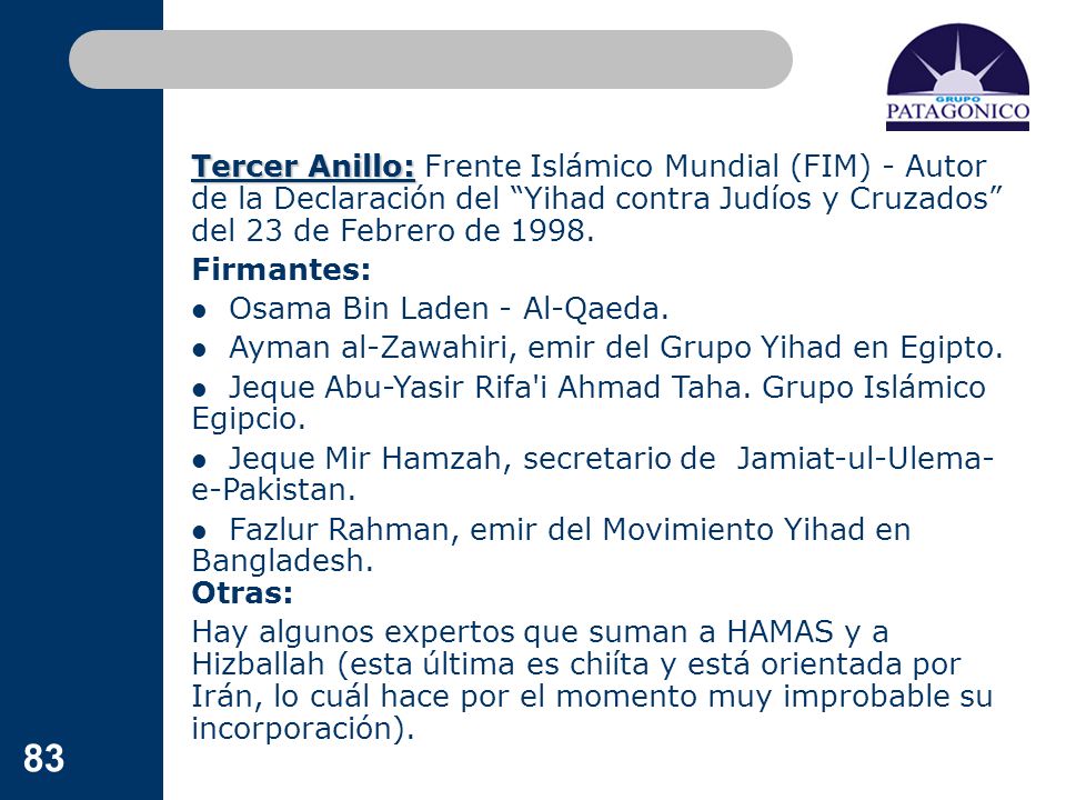 Tercer Anillo: Frente Islámico Mundial (FIM) - Autor de la Declaración del Yihad contra Judíos y Cruzados del 23 de Febrero de 1998.
