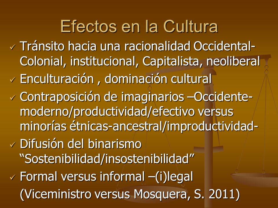 Efectos en la Cultura Tránsito hacia una racionalidad Occidental-Colonial, institucional, Capitalista, neoliberal.