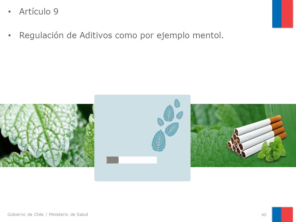 Artículo 9 Regulación de Aditivos como por ejemplo mentol.
