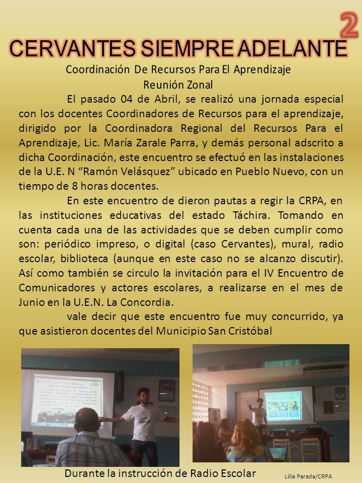 2 CERVANTES SIEMPRE ADELANTE. Coordinación De Recursos Para El Aprendizaje. Reunión Zonal.