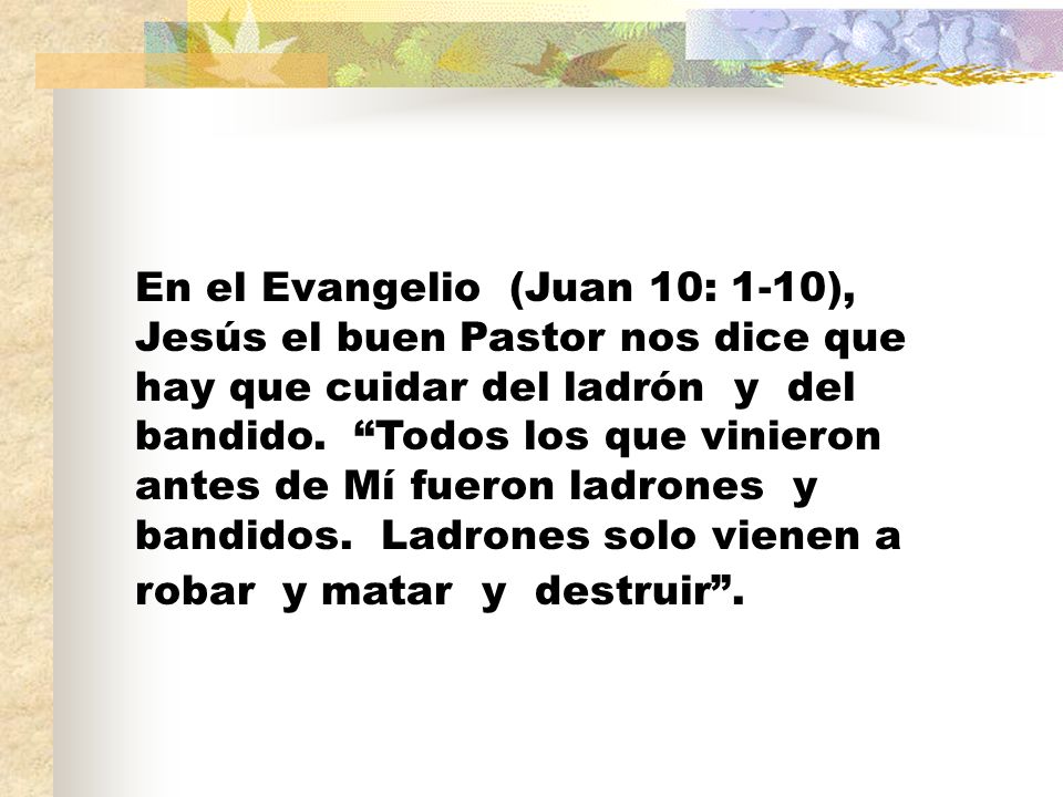 En el Evangelio (Juan 10: 1-10), Jesús el buen Pastor nos dice que hay que cuidar del ladrón y del bandido.