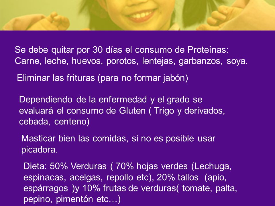 Se debe quitar por 30 días el consumo de Proteínas: Carne, leche, huevos, porotos, lentejas, garbanzos, soya.