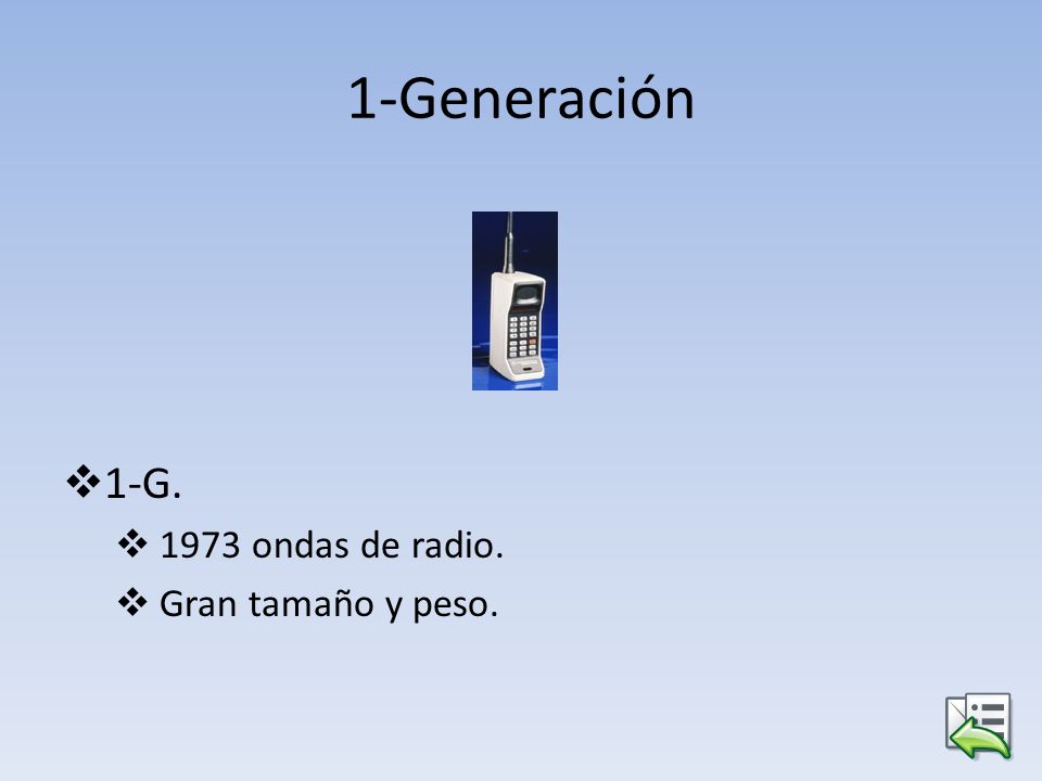 1-Generación 1-G ondas de radio. Gran tamaño y peso.