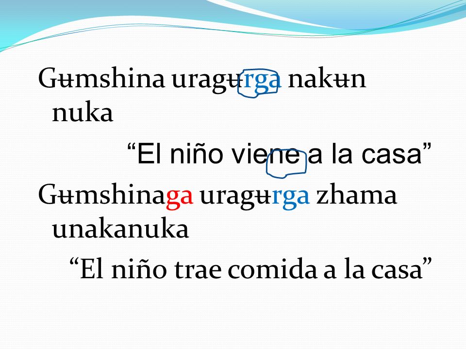 Gʉmshina uragʉrga nakʉn nuka El niño viene a la casa Gʉmshinaga uragʉrga zhama unakanuka El niño trae comida a la casa