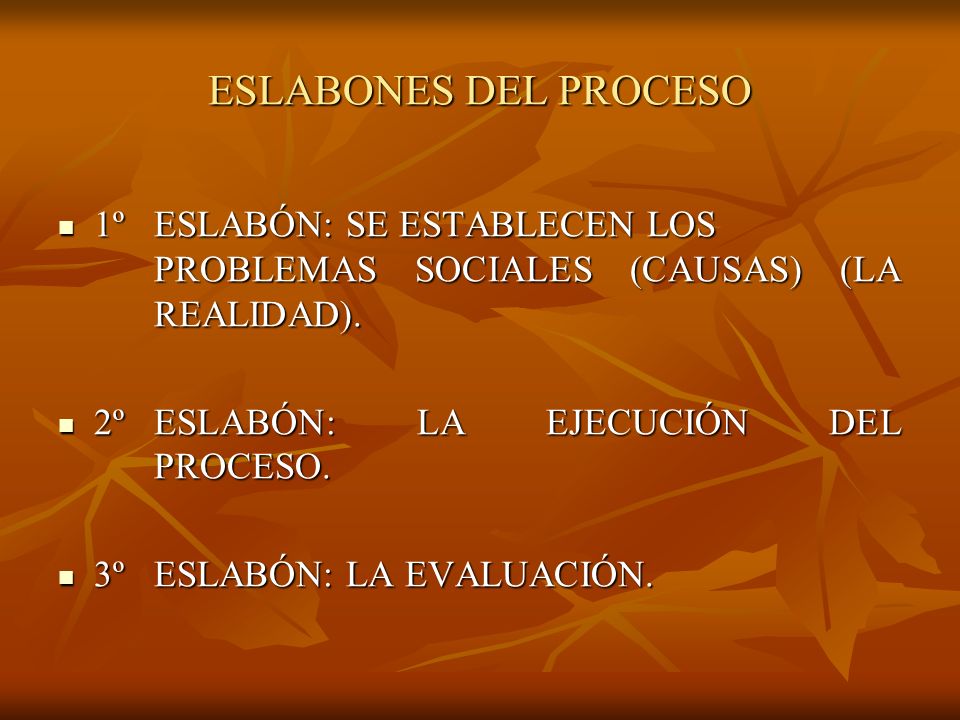 ESLABONES DEL PROCESO 1º ESLABÓN: SE ESTABLECEN LOS PROBLEMAS SOCIALES (CAUSAS) (LA REALIDAD). 2º ESLABÓN: LA EJECUCIÓN DEL PROCESO.