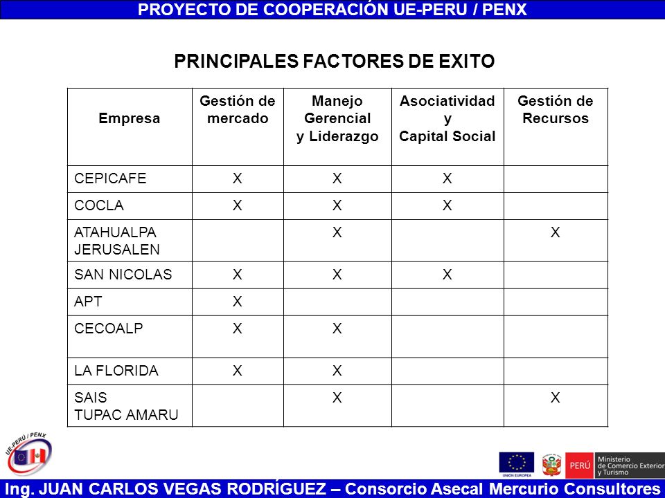 PROYECTO DE COOPERACIÓN UE-PERU / PENX PRINCIPALES FACTORES DE EXITO