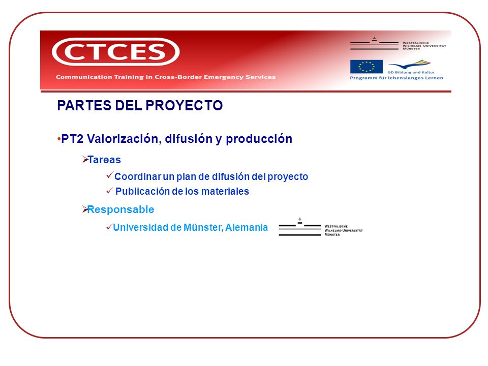PARTES DEL PROYECTO PT2 Valorización, difusión y producción Tareas