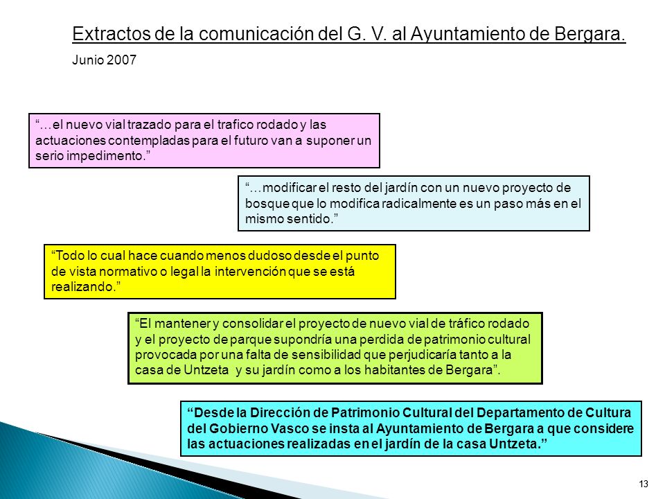 Extractos de la comunicación del G. V. al Ayuntamiento de Bergara.