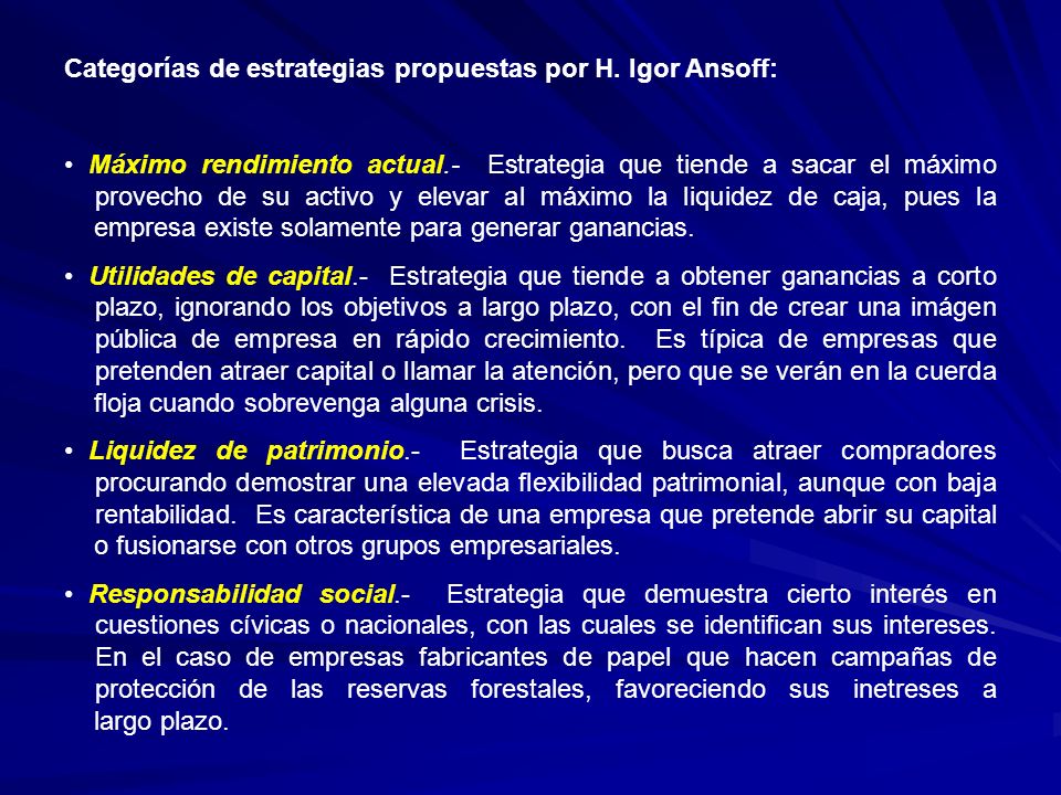 Categorías de estrategias propuestas por H. Igor Ansoff:
