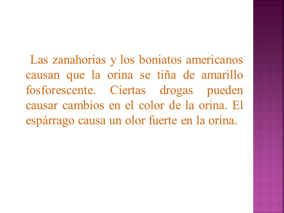 Las zanahorias y los boniatos americanos causan que la orina se tiña de amarillo fosforescente.