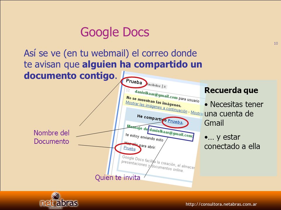Google Docs Así se ve (en tu webmail) el correo donde te avisan que alguien ha compartido un documento contigo.