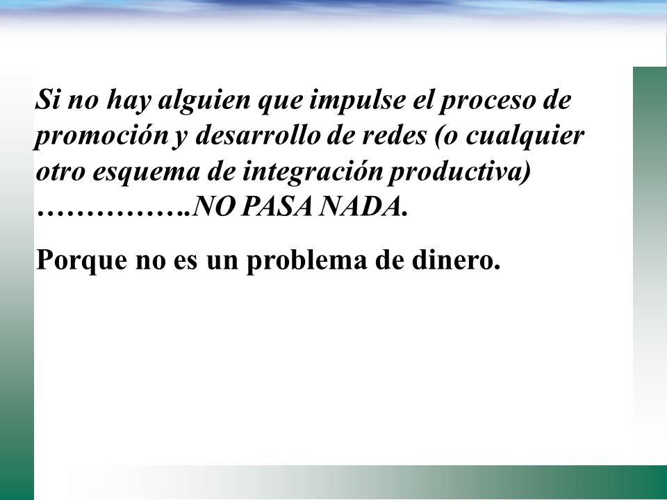 Si no hay alguien que impulse el proceso de promoción y desarrollo de redes (o cualquier otro esquema de integración productiva) …………….NO PASA NADA.