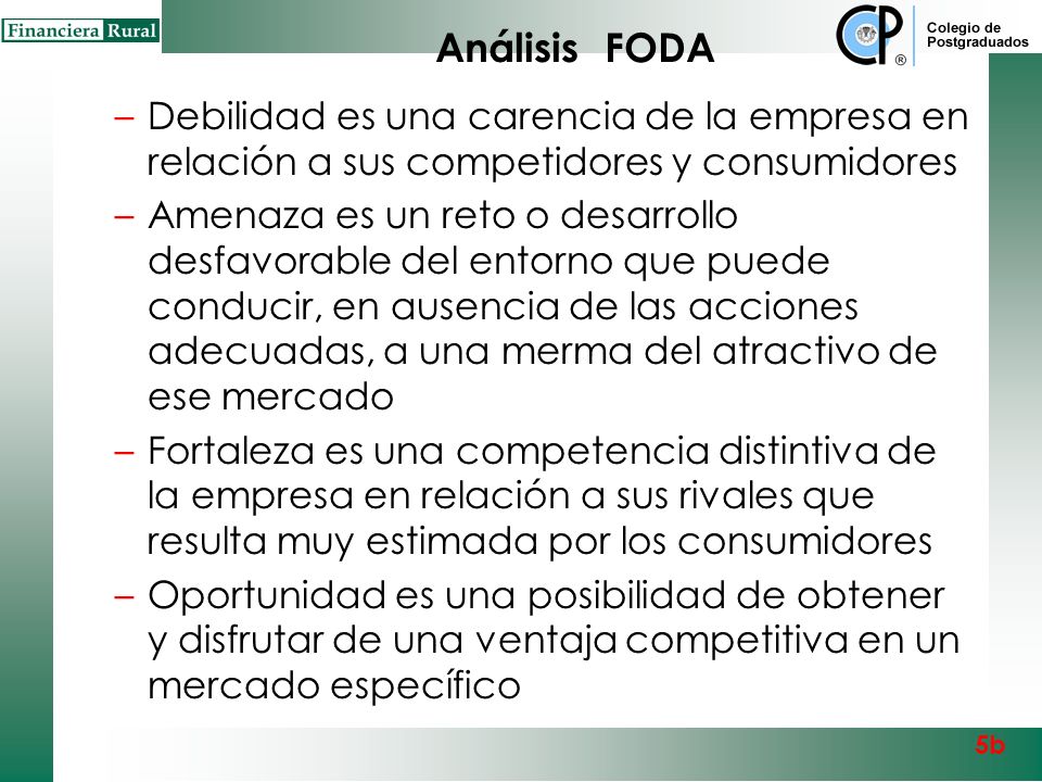 Análisis FODA Debilidad es una carencia de la empresa en relación a sus competidores y consumidores.