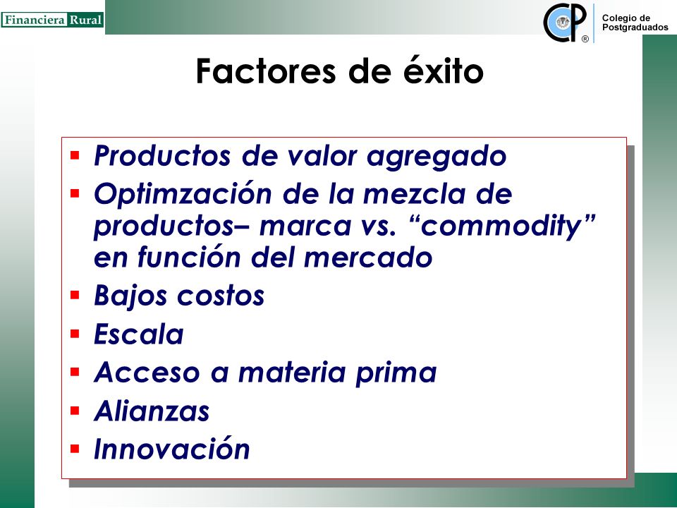 Factores de éxito Productos de valor agregado