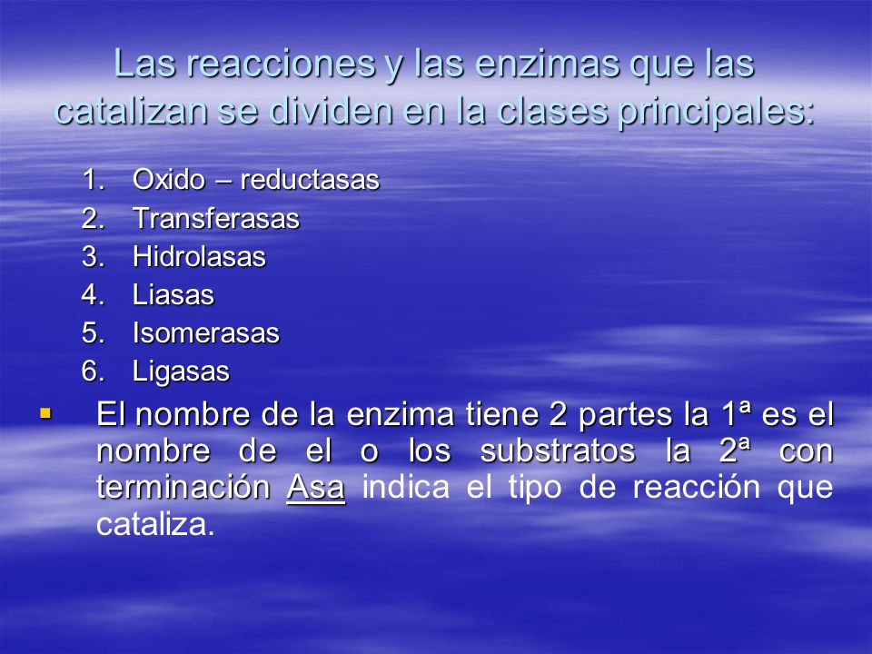 Las reacciones y las enzimas que las catalizan se dividen en la clases principales: