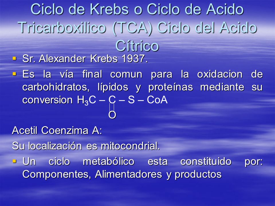 Ciclo de Krebs o Ciclo de Acido Tricarboxilico (TCA) Ciclo del Acido Cítrico