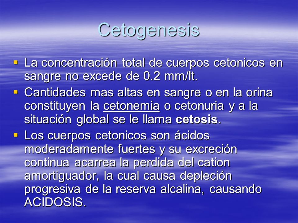 Cetogenesis La concentración total de cuerpos cetonicos en sangre no excede de 0.2 mm/lt.