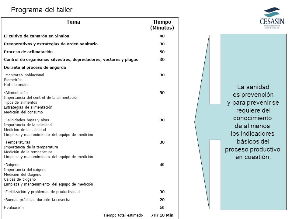 Programa del taller La sanidad es prevención y para prevenir se