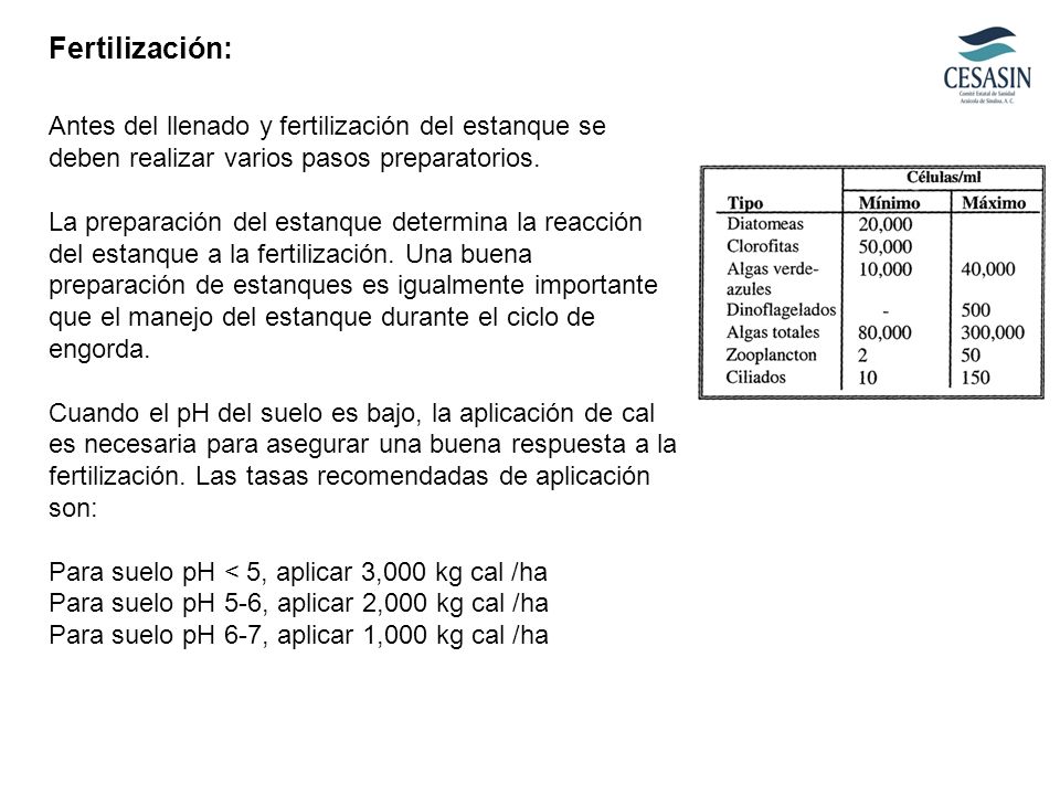Fertilización: Antes del llenado y fertilización del estanque se deben realizar varios pasos preparatorios.