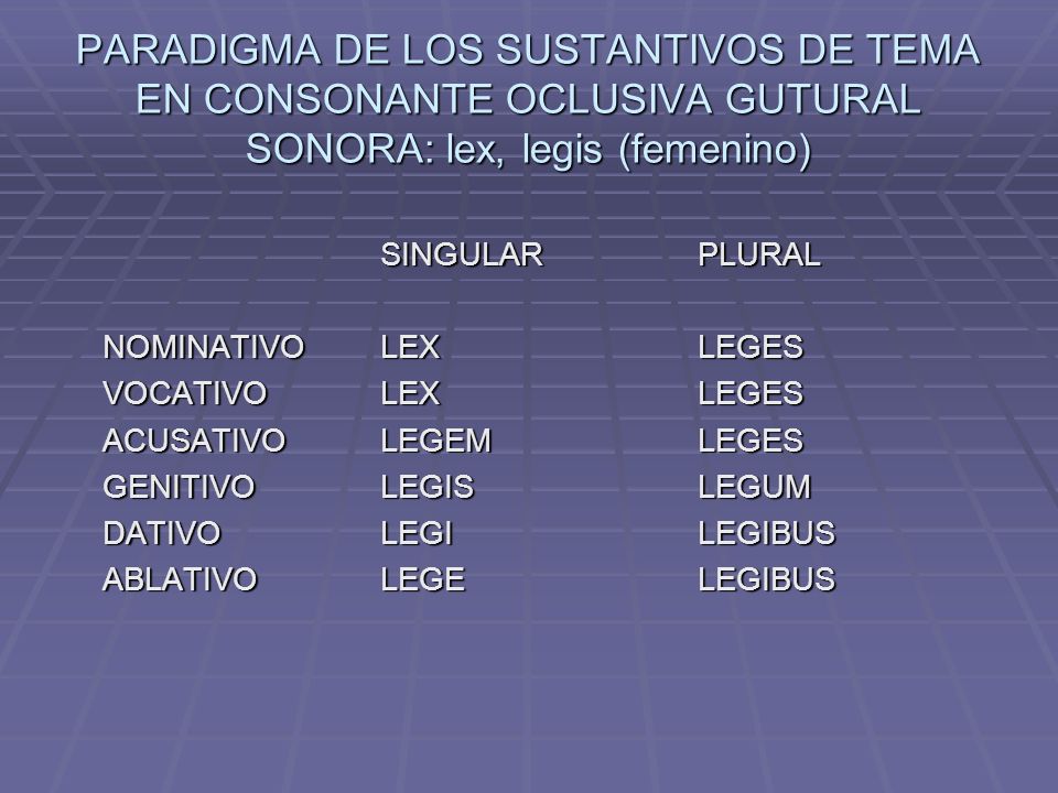 PARADIGMA DE LOS SUSTANTIVOS DE TEMA EN CONSONANTE OCLUSIVA GUTURAL SONORA: lex, legis (femenino)